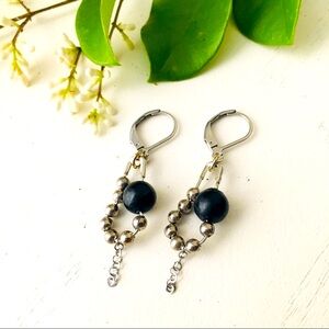 Black Iris Pebble Spheres Bead & Silver Drop Earrings